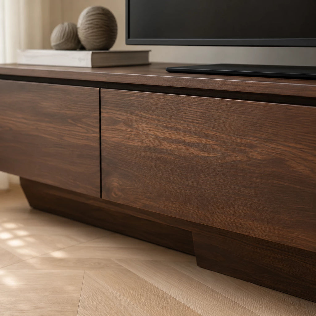 Floating Look Natural Solid Wood TV Stand with Four Door Storage Design