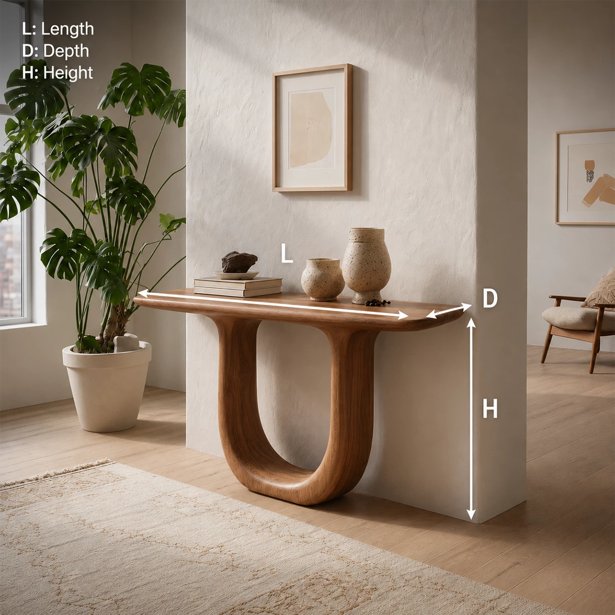 Sculptural U-Shaped Console Table in Natural Solid Wood