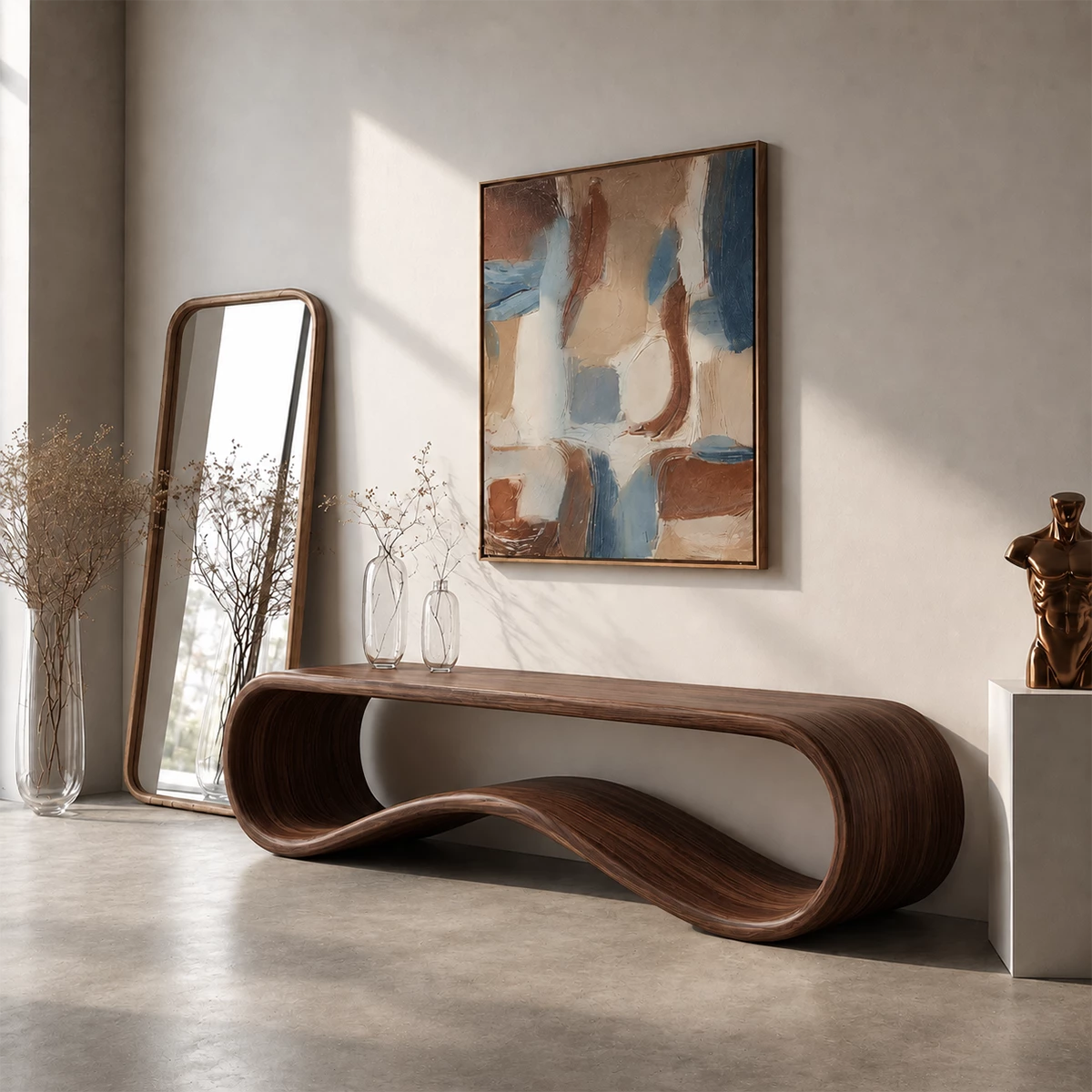 Sculptural Wave Wood Console Table – Organic Natural Wood Entryway Table for Modern Interior