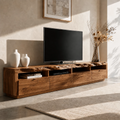 Natural Solid Wood TV Stand with Four Drawers and Open Media Shelves