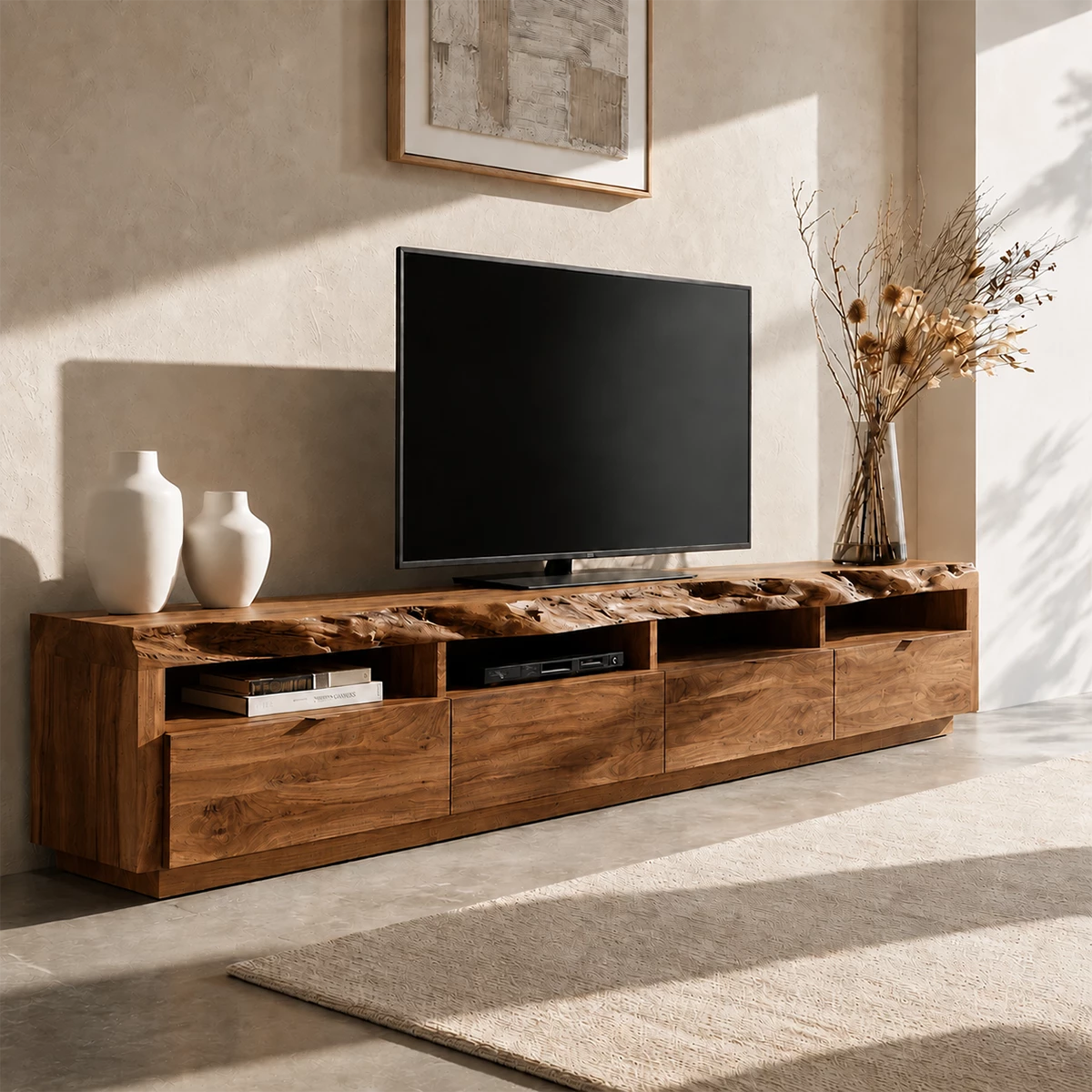Natural Solid Wood TV Stand with Four Drawers and Open Media Shelves
