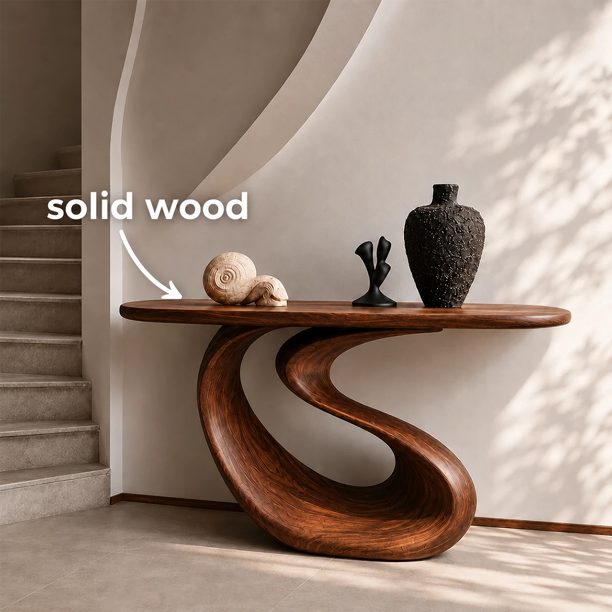 Organic Loop Sculptural Console Table in Natural Solid Wood