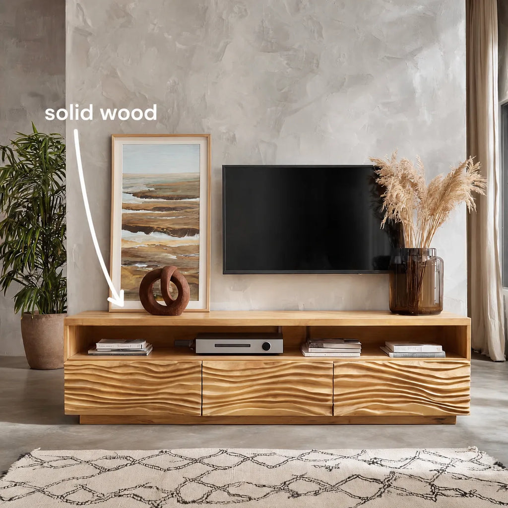 Wave Front TV Stand with Sculpted Storage and Open Display Shelf