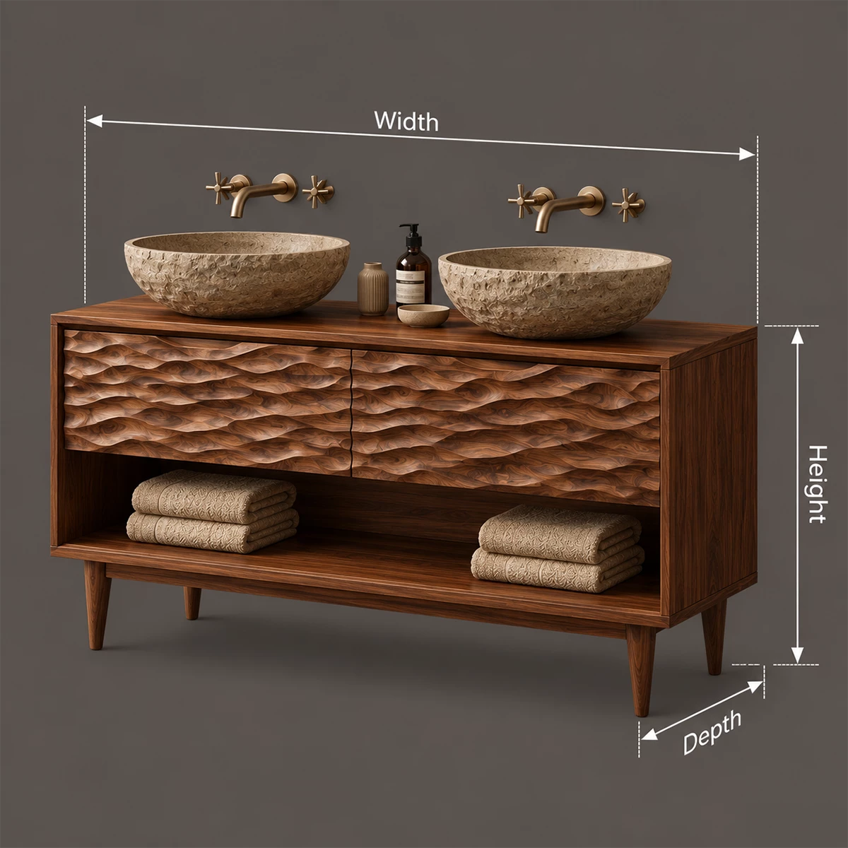 Natural Solid Wood Double Vanity with Carved Drawers and Open Shelf