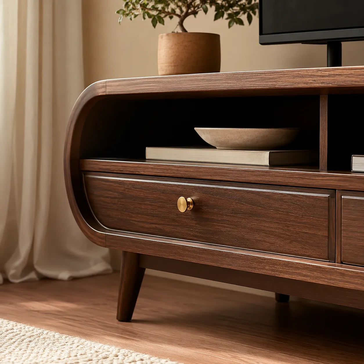 Retro Natural Solid Wood TV Stand with Rounded Edge Media Storage