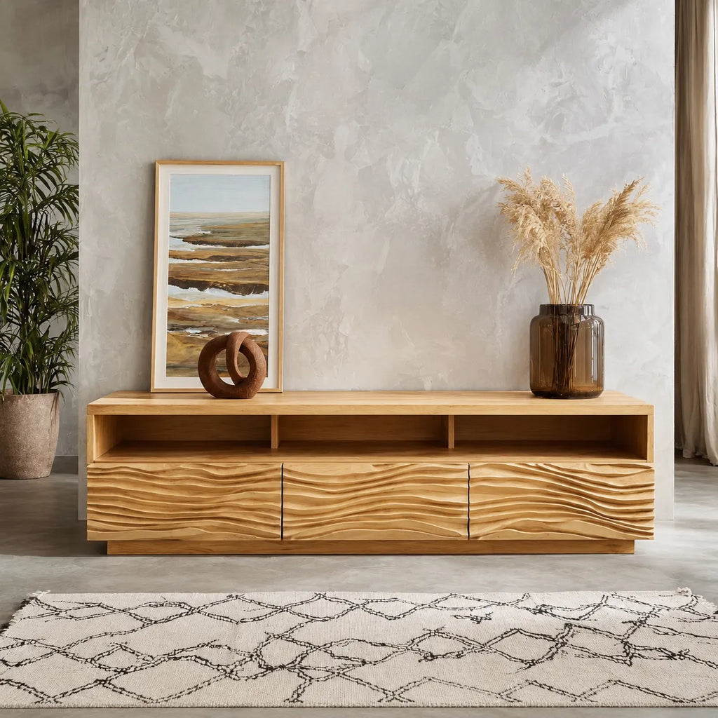 Wave Front TV Stand with Sculpted Storage and Open Display Shelf