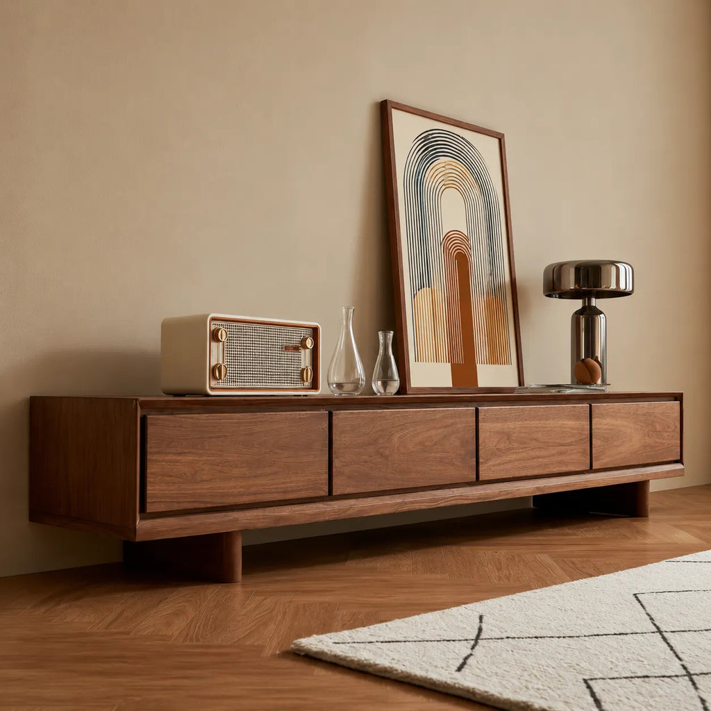 Modern Natural Solid Wood TV Stand with Four Drawer Storage Design