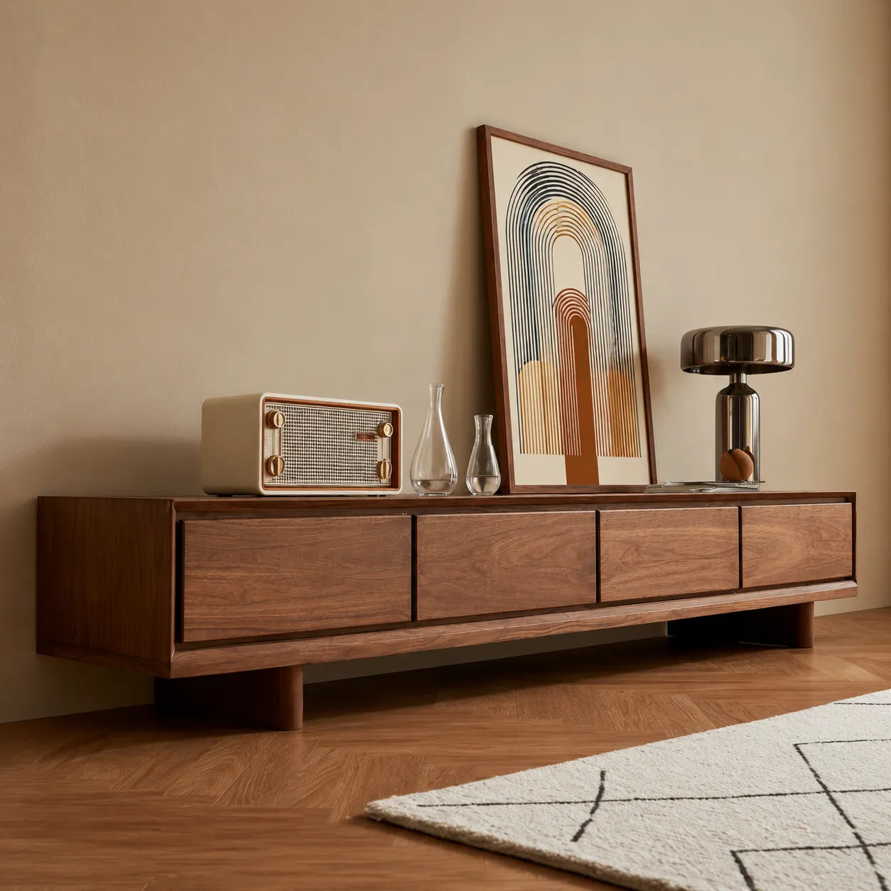 Modern Natural Solid Wood TV Stand with Four Drawer Storage Design