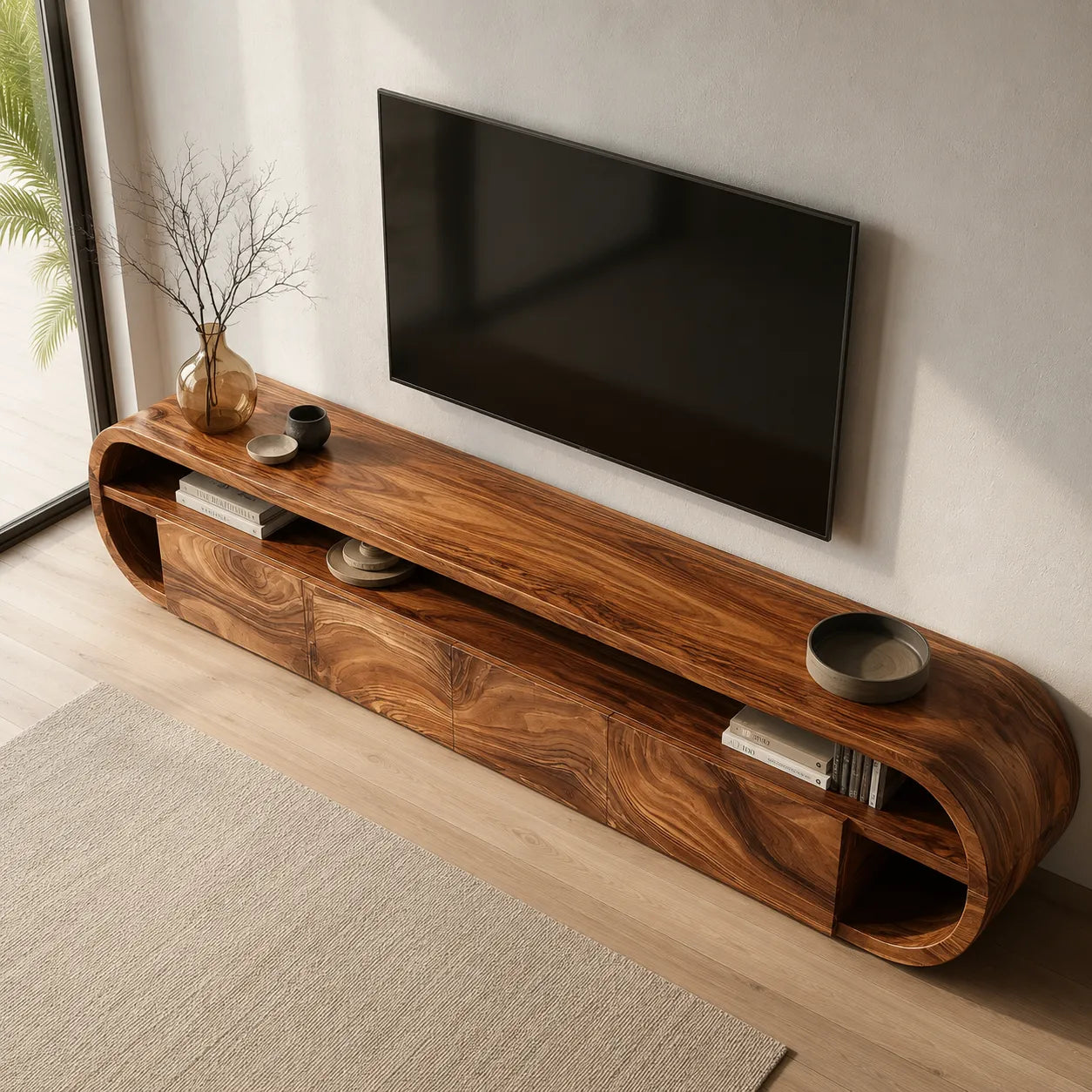 Curved Edge Natural Solid Wood TV Stand with Open Shelf Storage
