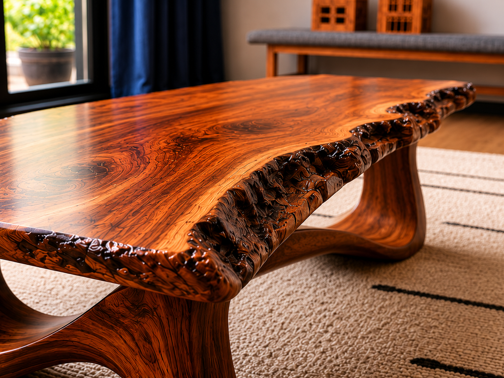 Live Edge Natural Solid Wood Coffee Table with Sculptural Base