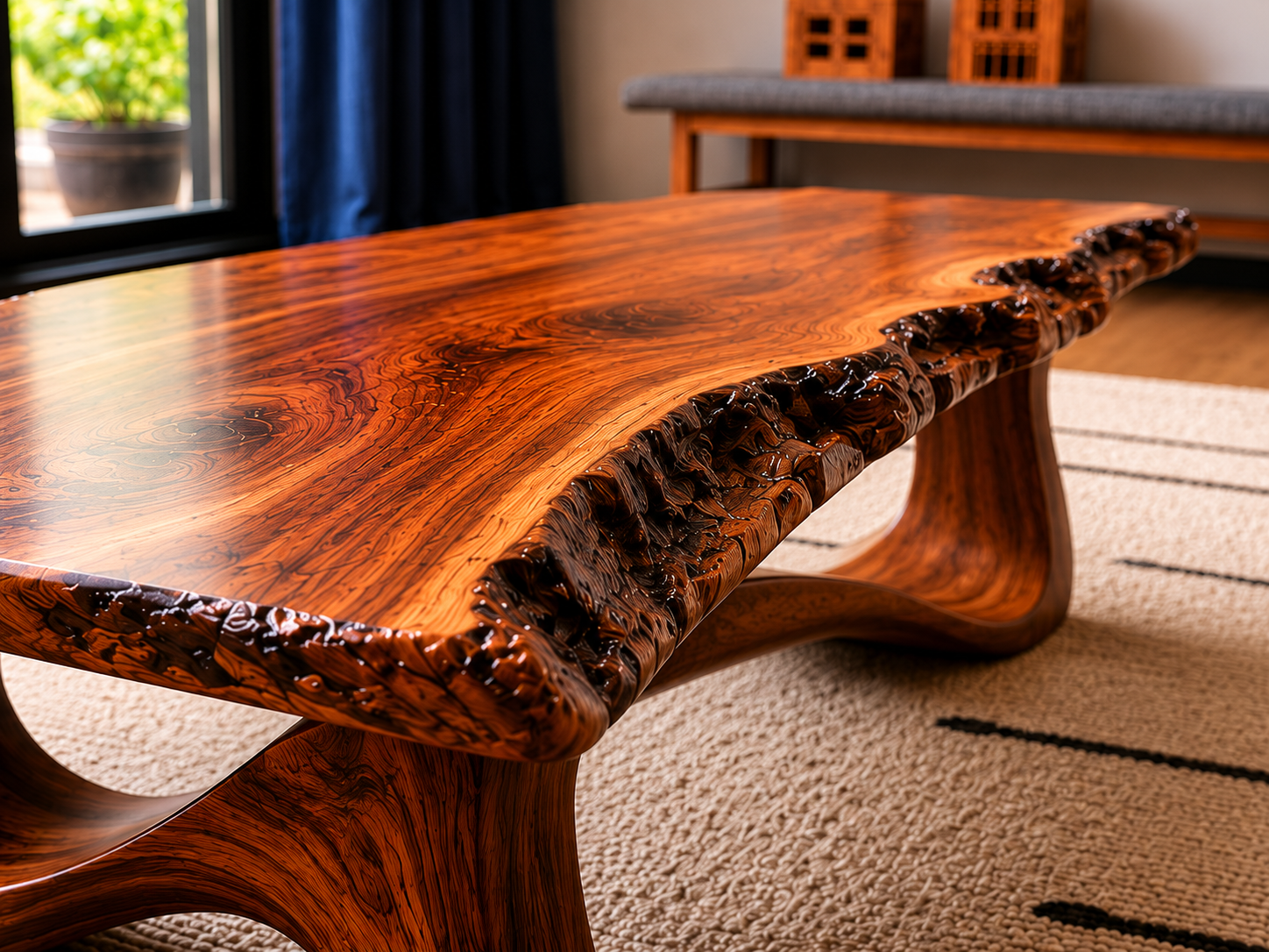 Live Edge Natural Solid Wood Coffee Table with Sculptural Base