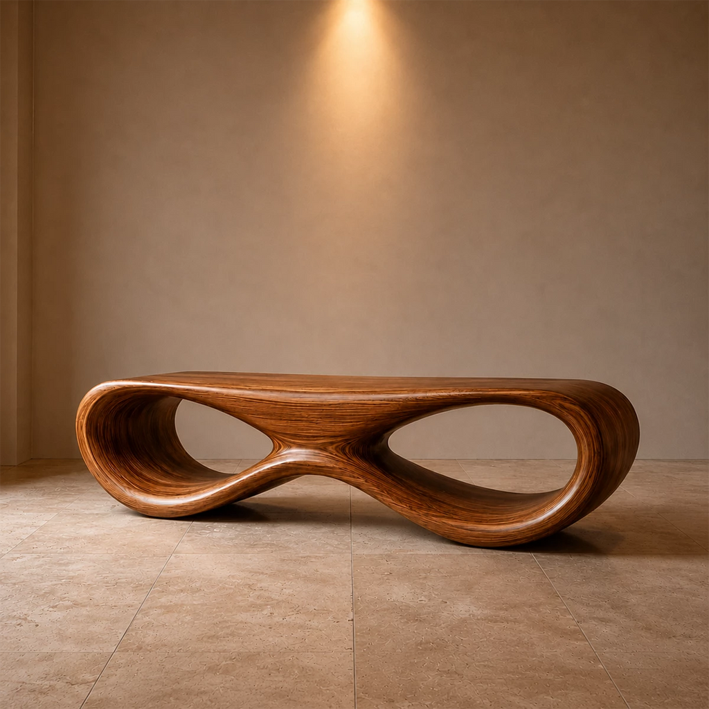 Sculptural Wave Wood Bench – Organic Natural Wood Bench for Modern Interior
