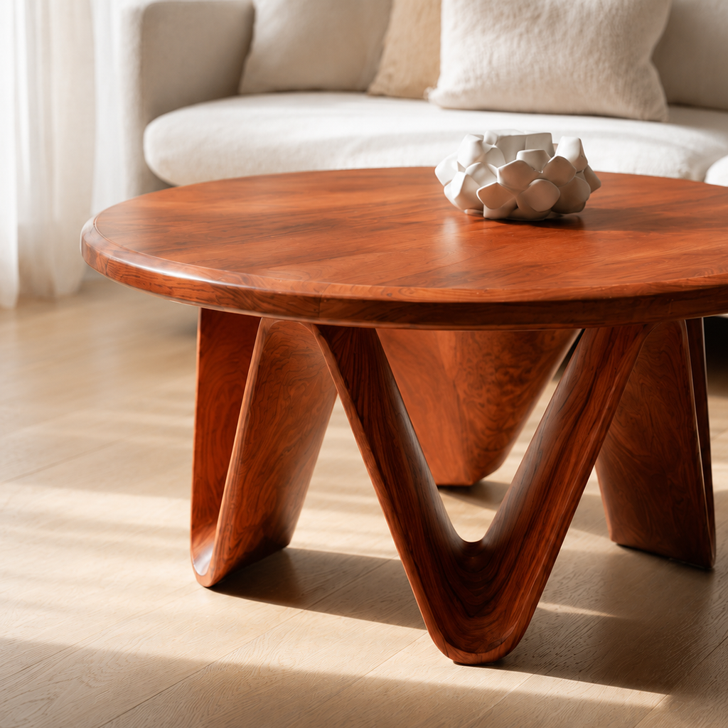 Natural Solid Wood Round Coffee Table with Sculptural V-Shaped Legs