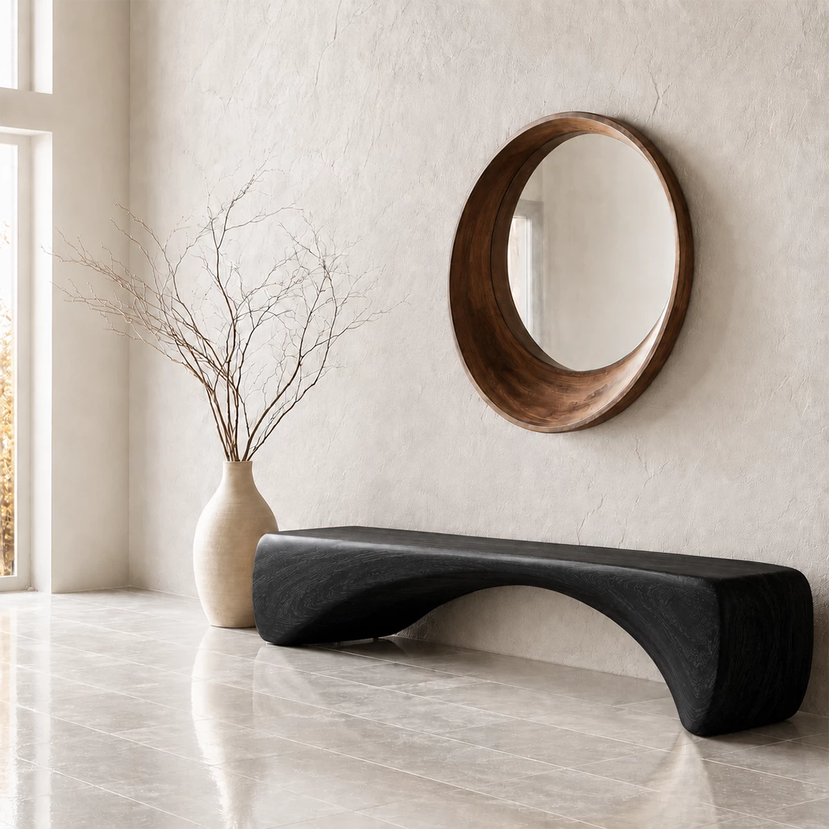 Organic Curved Wood Bench – Natural Wood Entryway Bench for Modern Interior