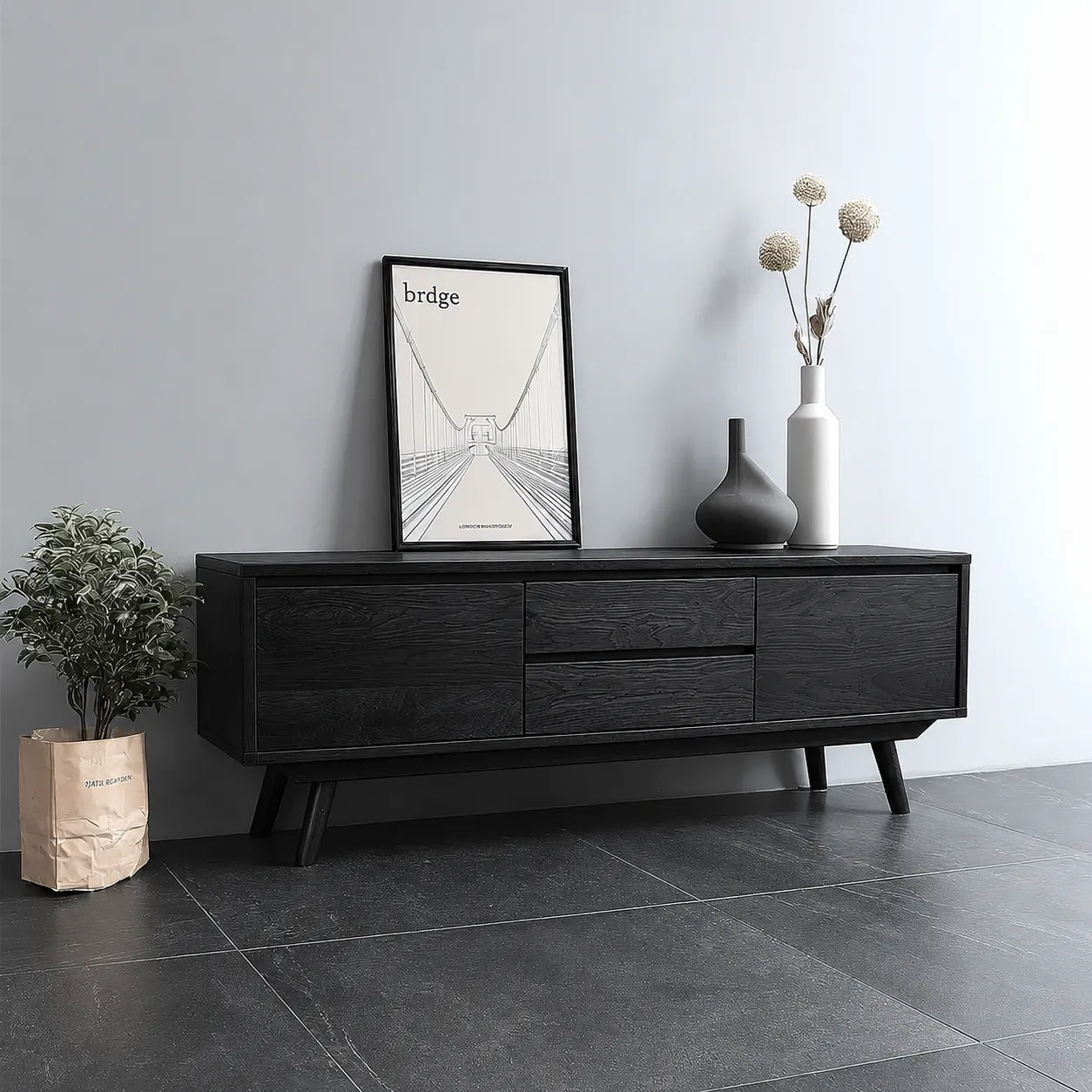Mid Century Natural Solid Wood TV Stand with Drawer and Cabinet Storage