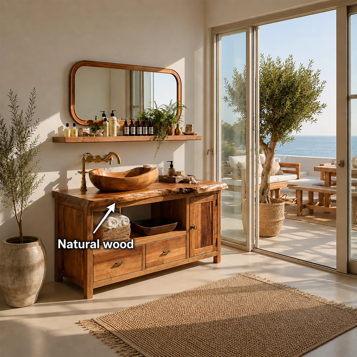Rustic Solid Wood Bathroom Vanity With Vessel Sink & Open Storage
