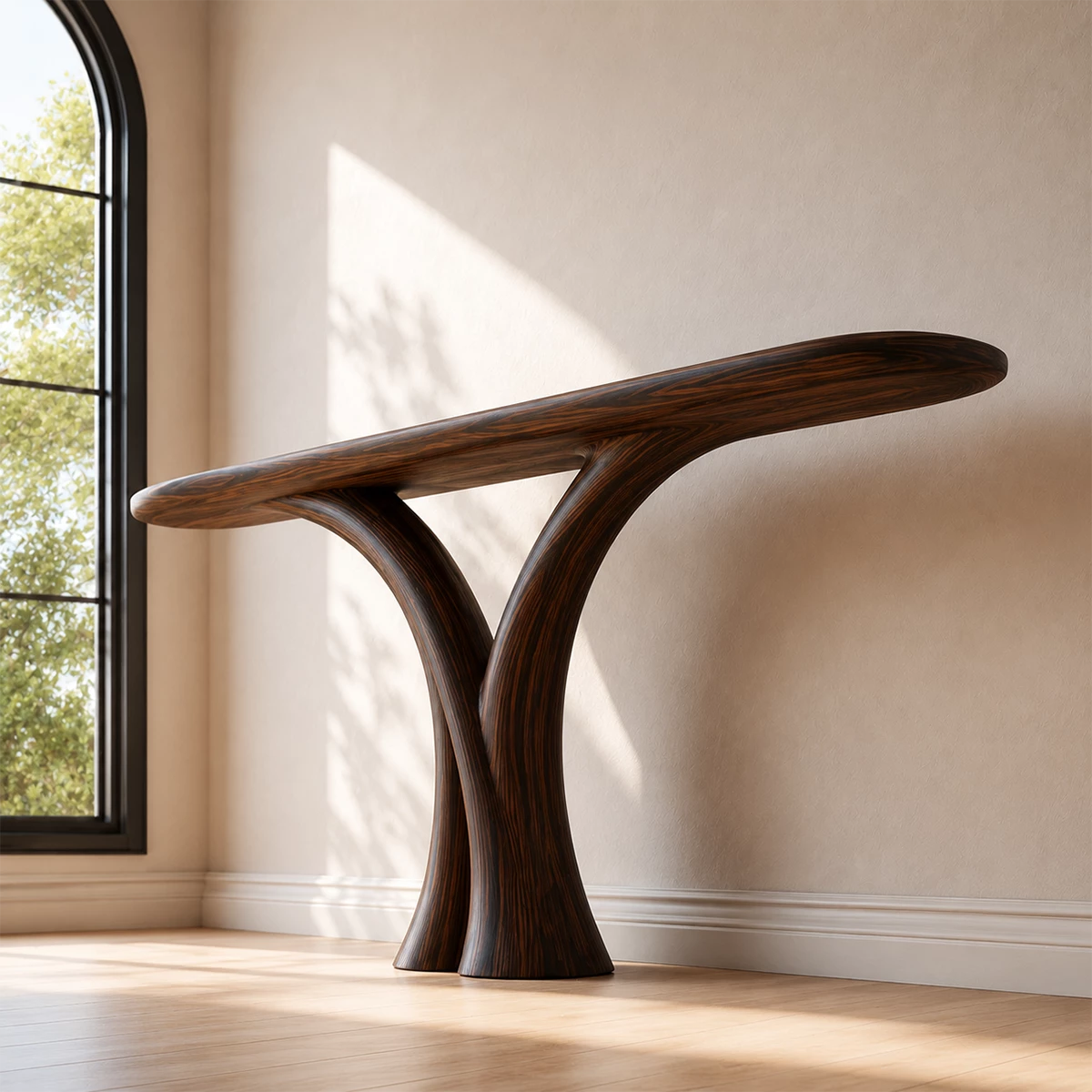 Sculptural Twin Arch Console Table in Natural Solid Wood