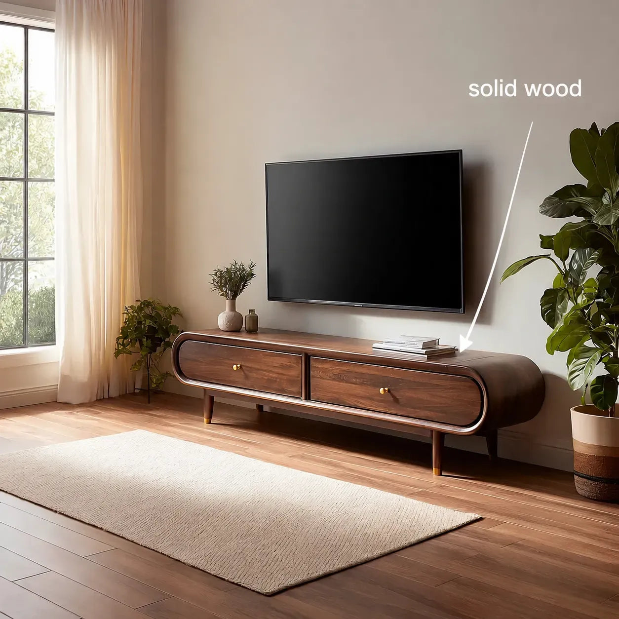 Curved Edge TV Stand with Dual Drawer Storage and Rounded Profile