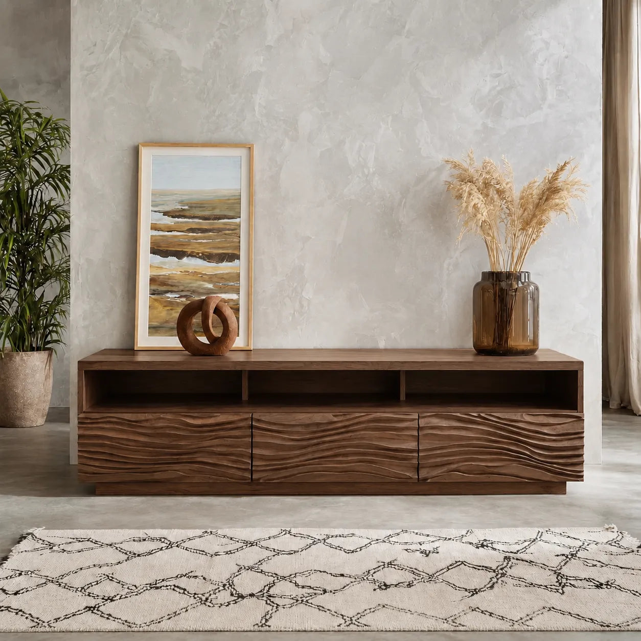 Wave Front TV Stand with Sculpted Storage and Open Display Shelf