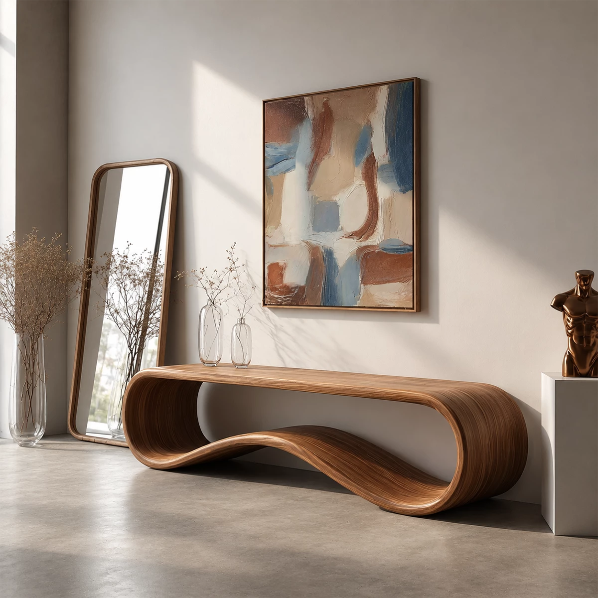Sculptural Wave Wood Console Table – Organic Natural Wood Entryway Table for Modern Interior