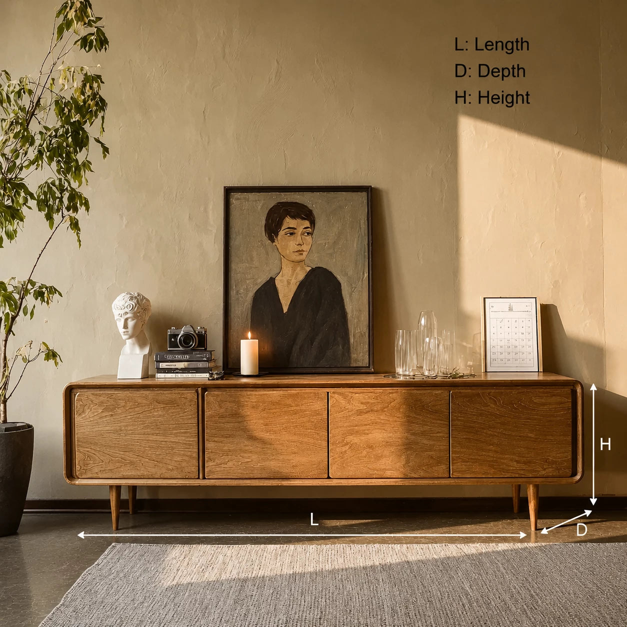 Low Profile Natural Solid Wood TV Stand with Rounded Four Door Storage