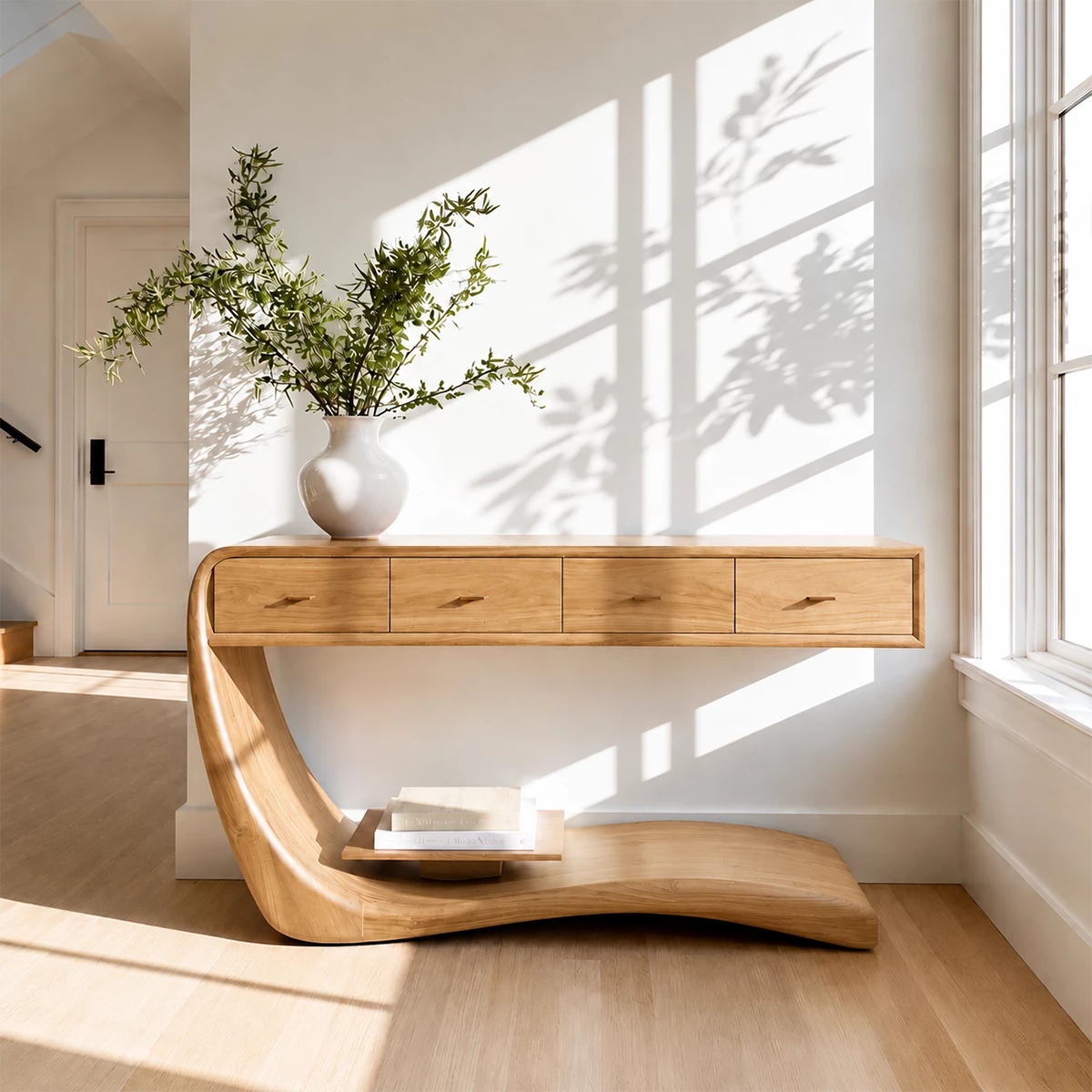 Natural Solid Wood Console Table with Four Drawers Sculptural Cantilever Style