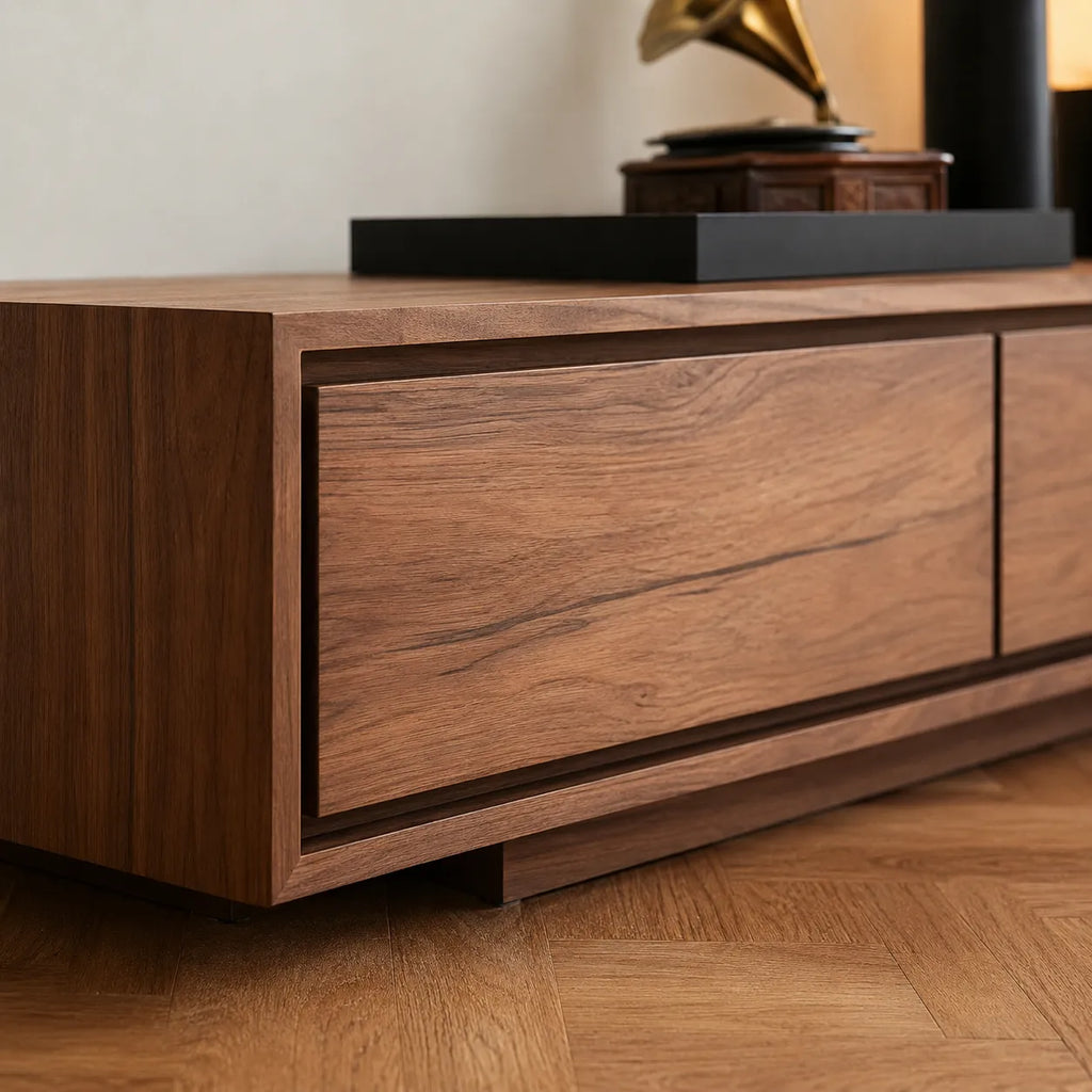 Contemporary Low Profile TV Stand with Seamless Storage Panels