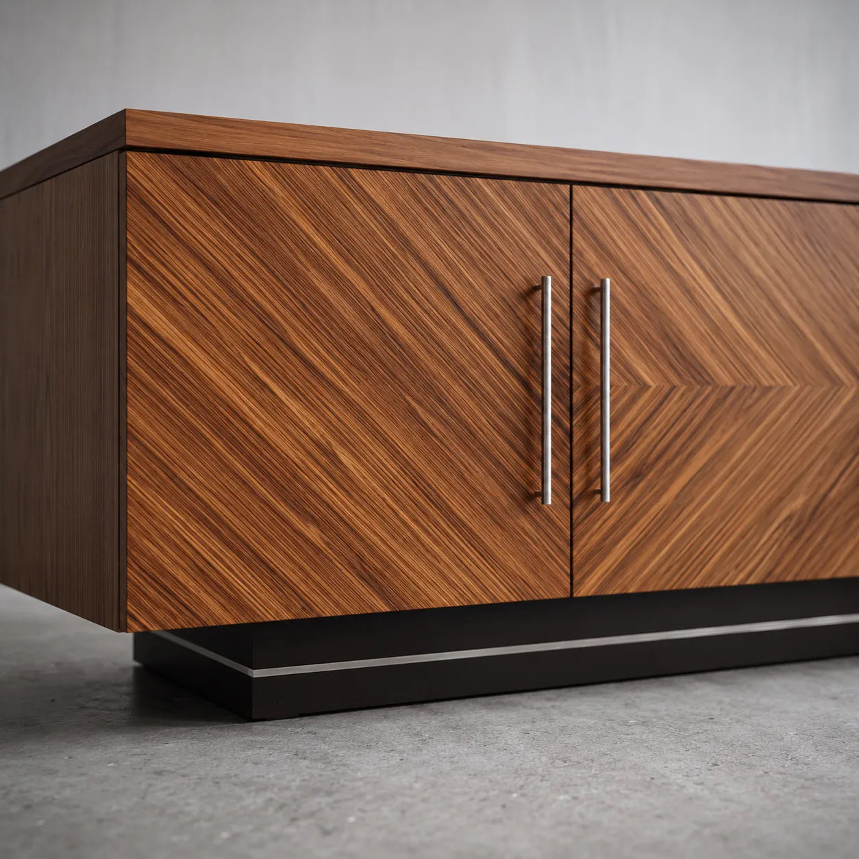 Geometric Natural Solid Wood TV Stand with Chevron Door Design