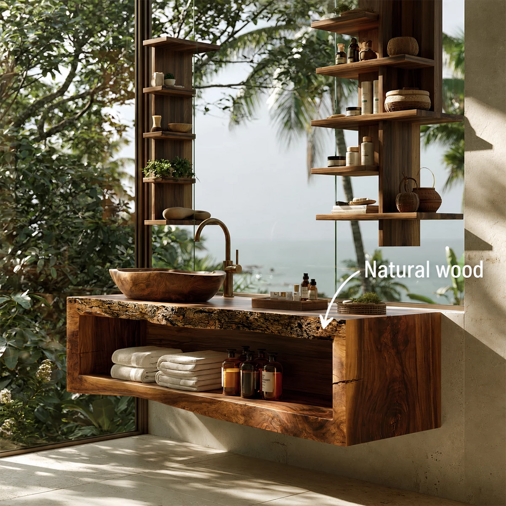 Natural Solid Wood Floating Bathroom Vanity with Full Width Open Shelf