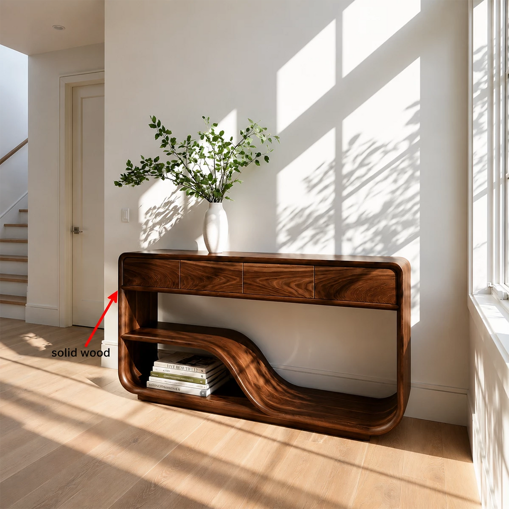 Natural Solid Wood Console Table with Four Drawers Modern Sculptural Style