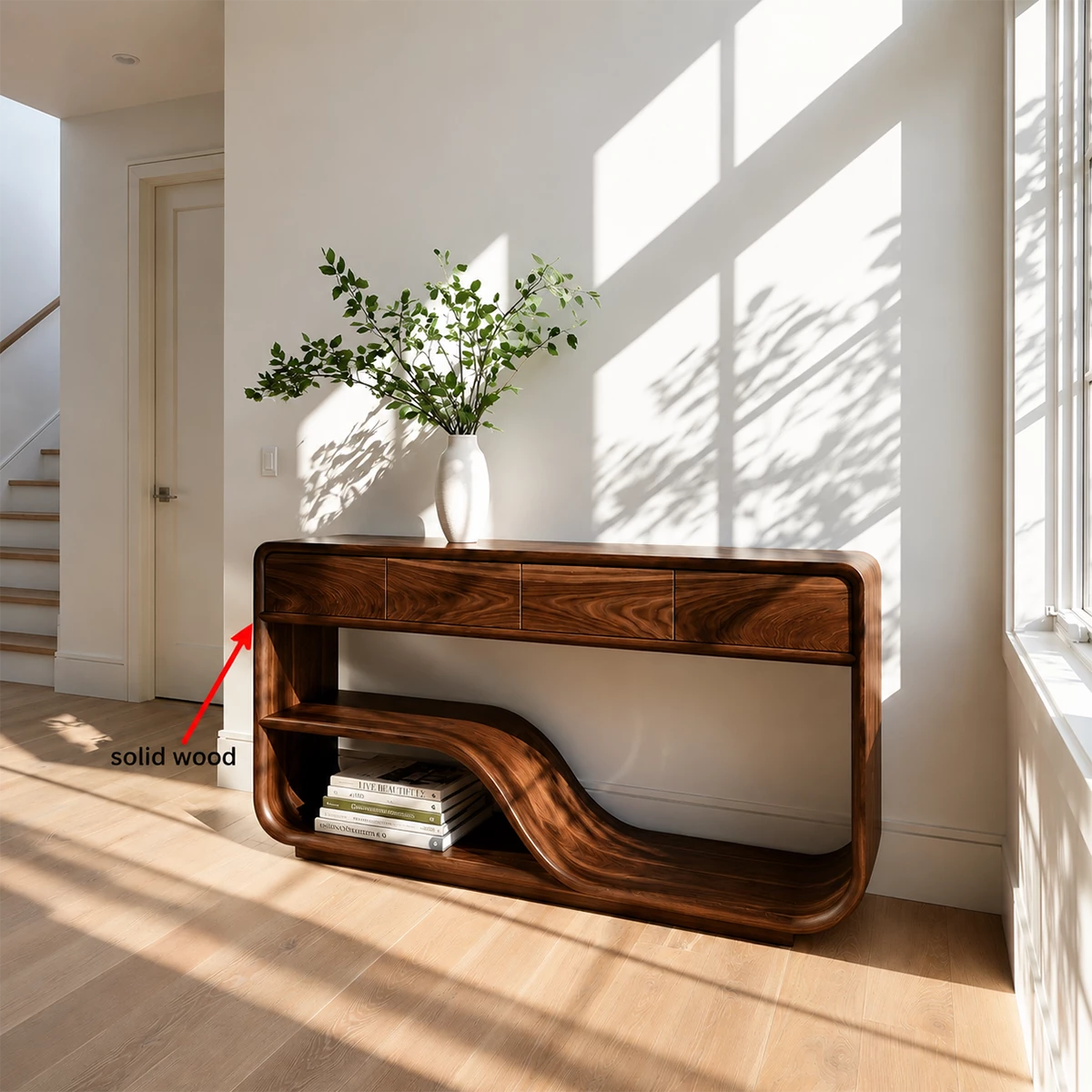 Natural Solid Wood Console Table with Four Drawers Modern Sculptural Style