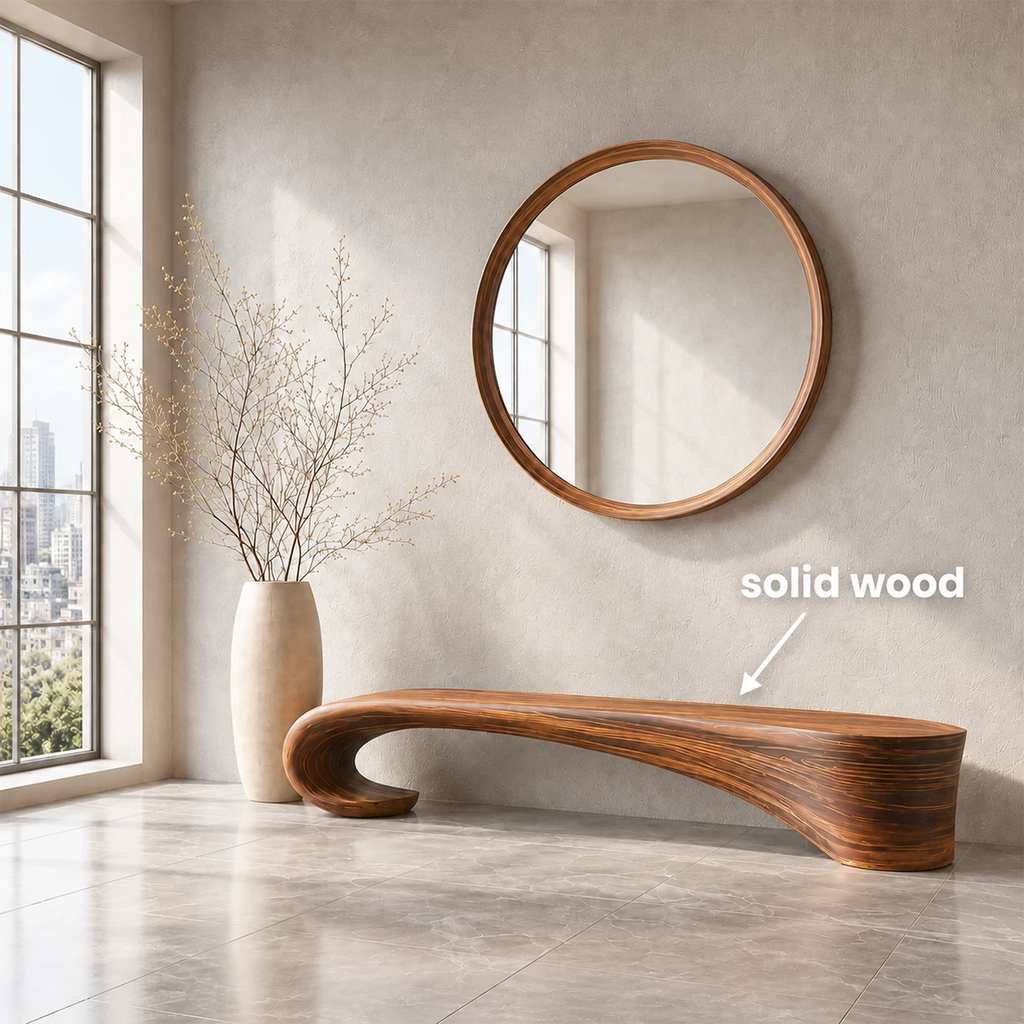 Sculptural Wave Wood Bench – Organic Natural Wood Entryway Bench for Modern Interior