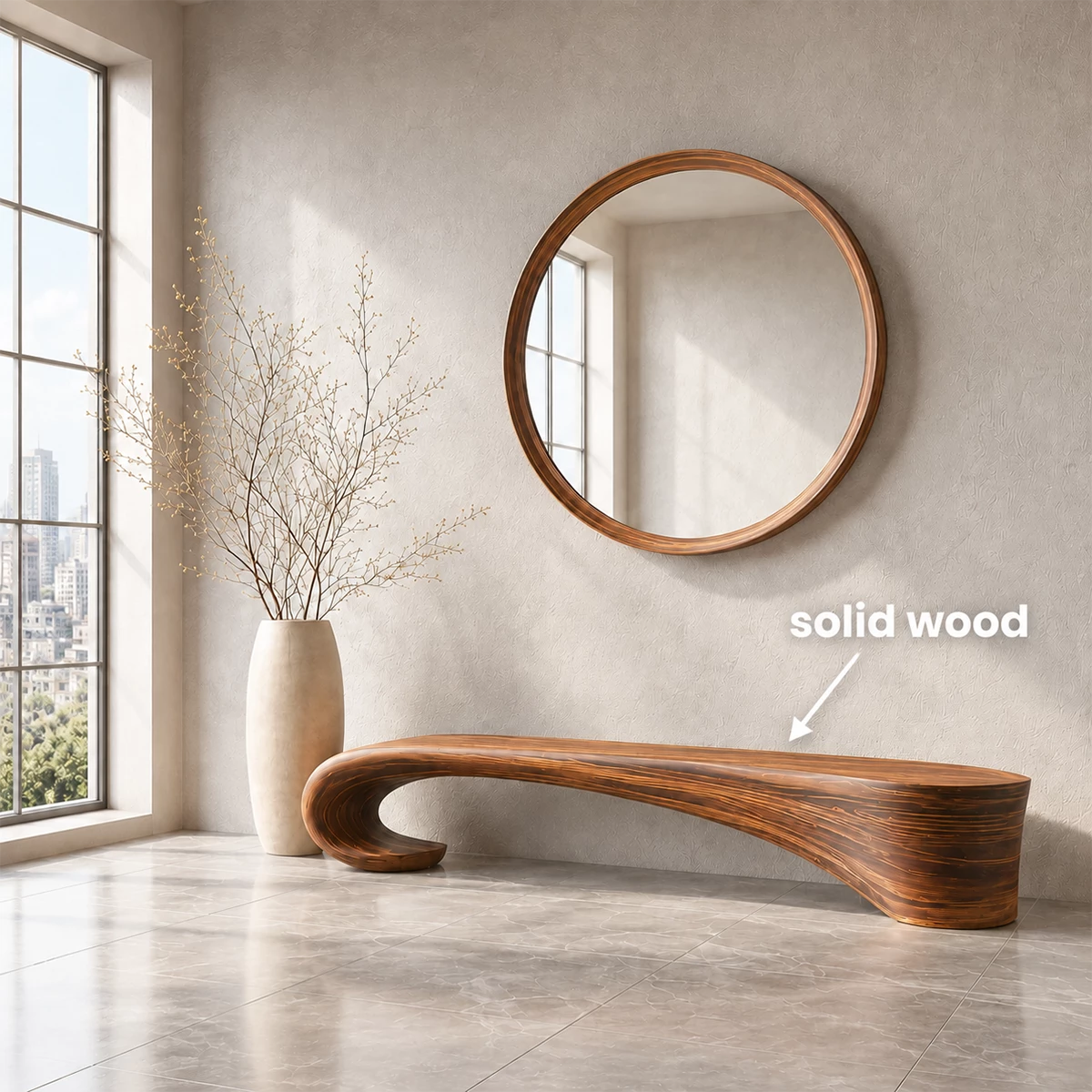 Sculptural Wave Wood Bench – Organic Natural Wood Entryway Bench for Modern Interior