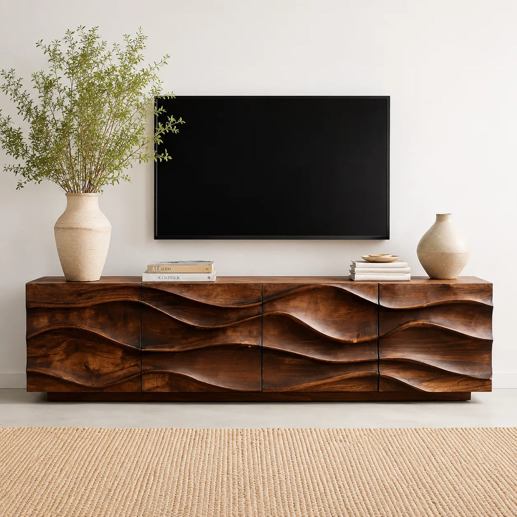 Sculpted Wave Natural Solid Wood TV Stand with Eight Drawer Storage