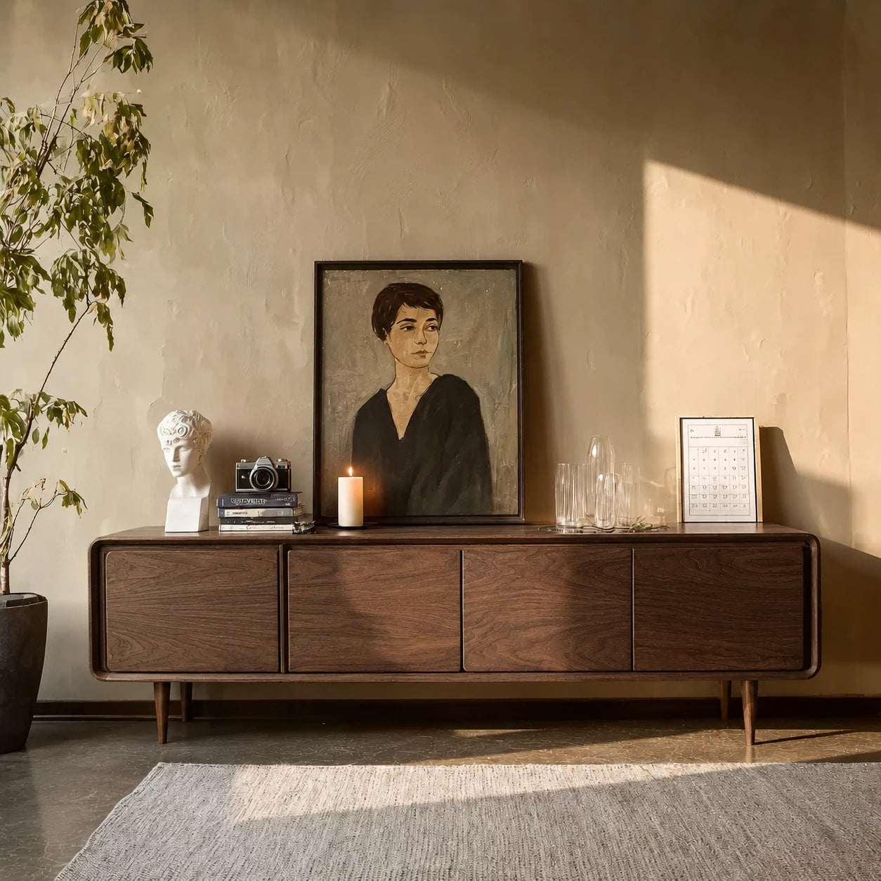 Low Profile Natural Solid Wood TV Stand with Rounded Four Door Storage