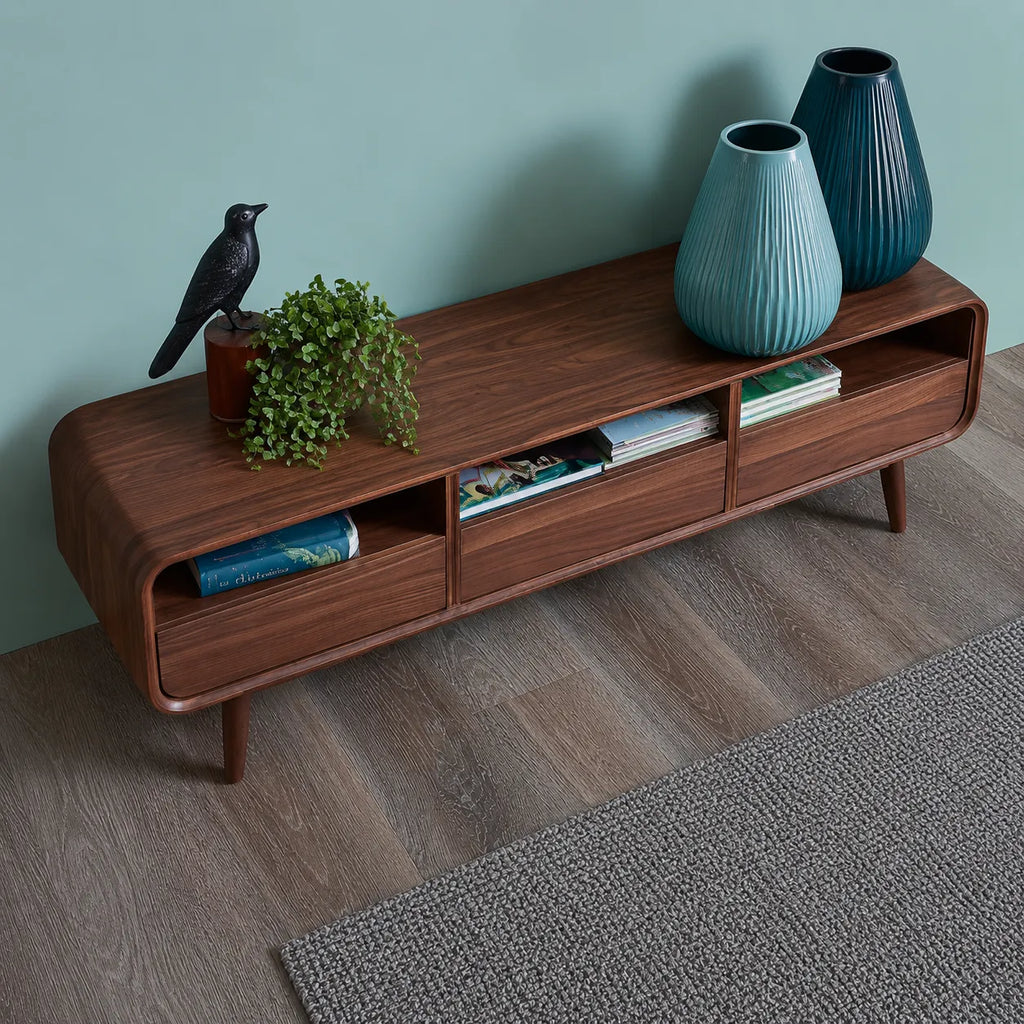 Mid Century Natural Solid Wood TV Stand with Rounded Frame Design
