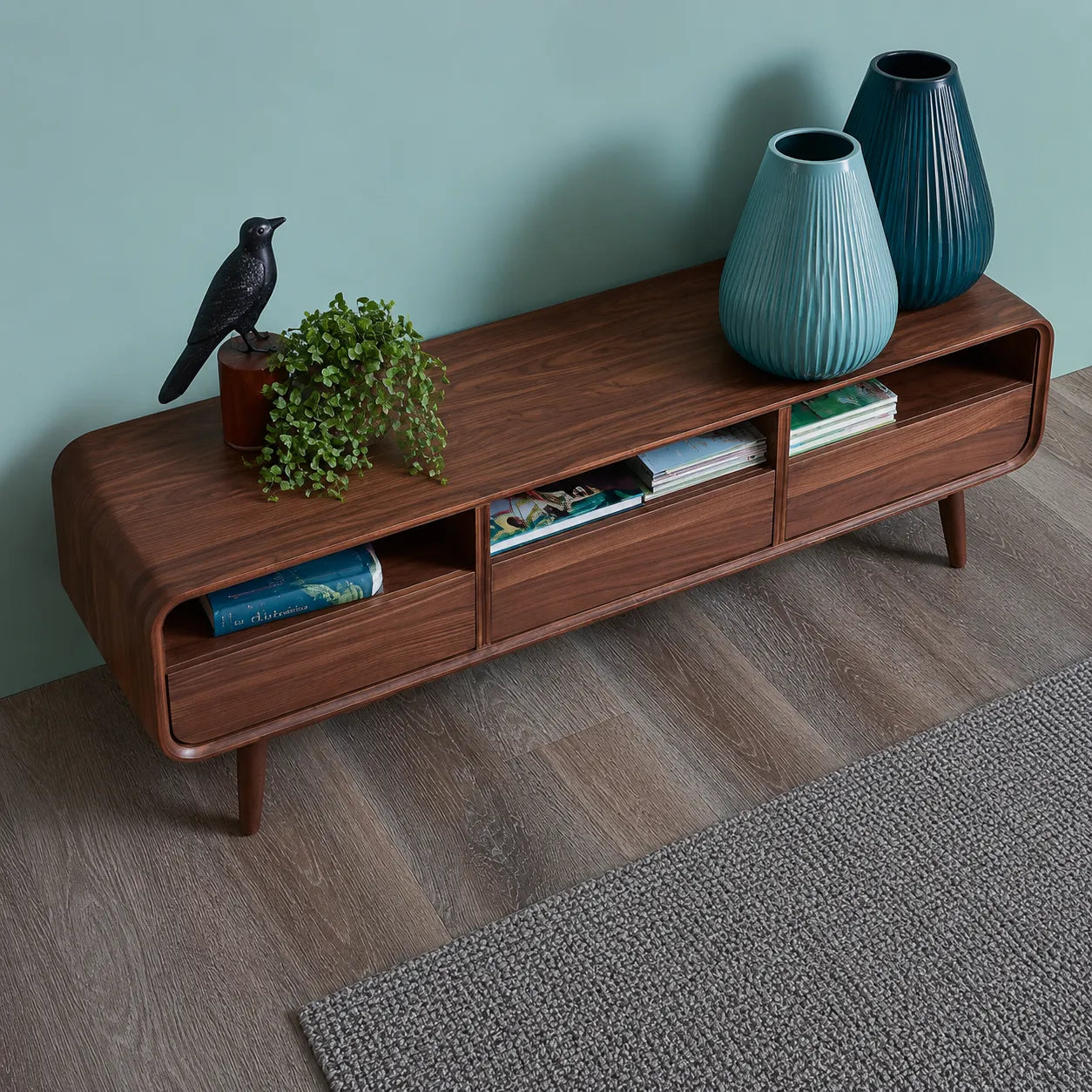 Mid Century Natural Solid Wood TV Stand with Rounded Frame Design