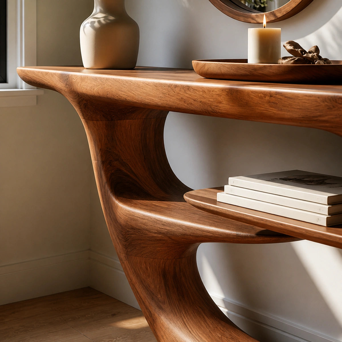Natural Solid Wood Console Table with Sculptural Open Frame and Display Shelf