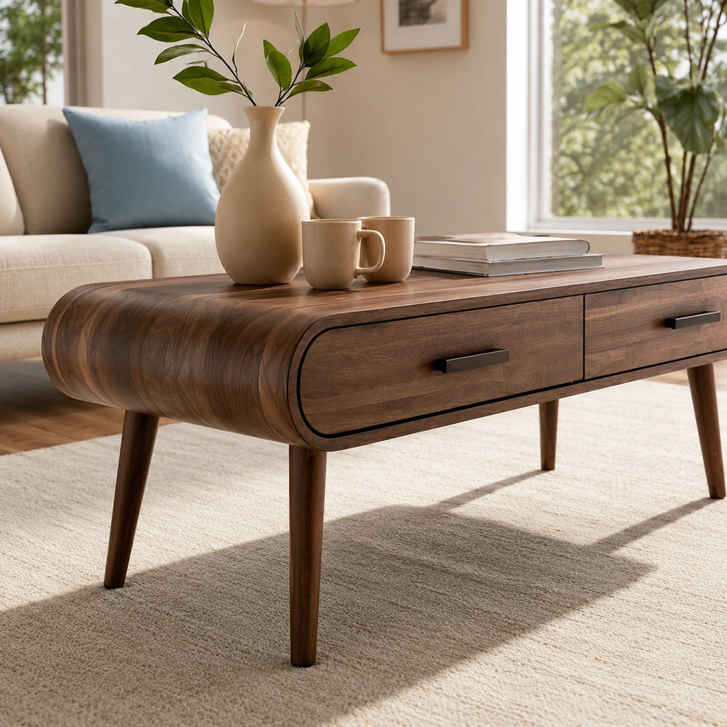Natural Solid Wood Coffee Table with 2 Drawers – Mid-Century Modern Style