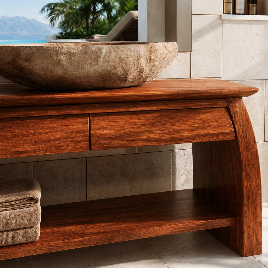 Natural Solid Wood Double Bathroom Vanity with 2 Drawers and Open Shelf