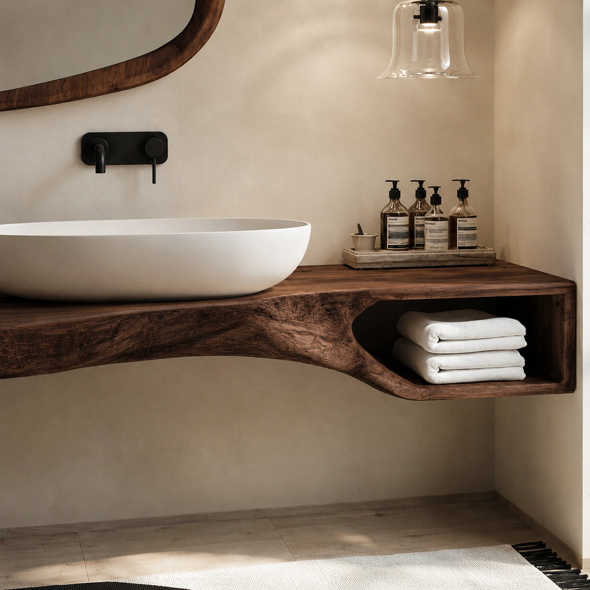 Natural Solid Wood Floating Bathroom Vanity with Open Towel Shelf