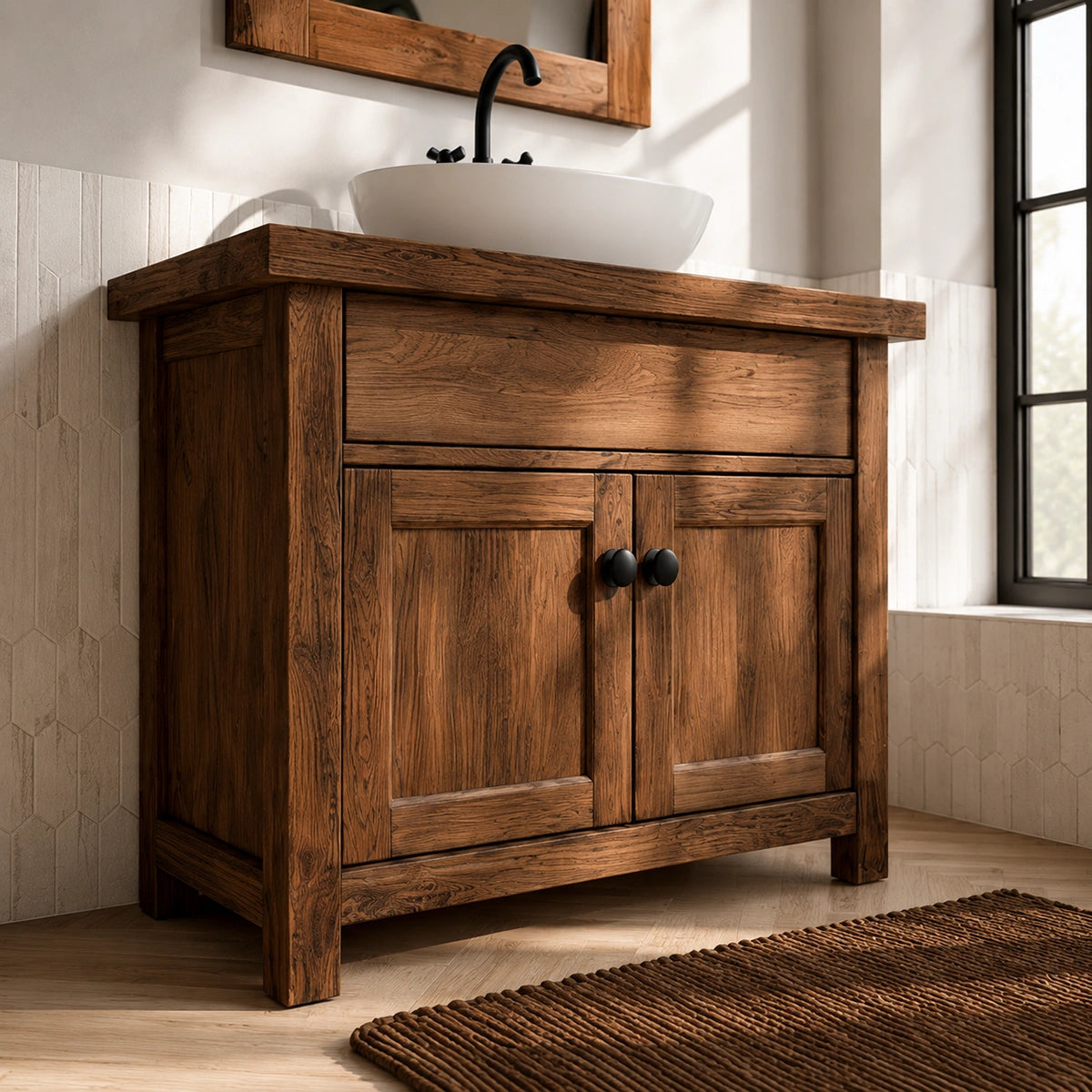 Natural Solid Wood Bathroom Vanity with Drawer and 2 Doors – Rustic Style