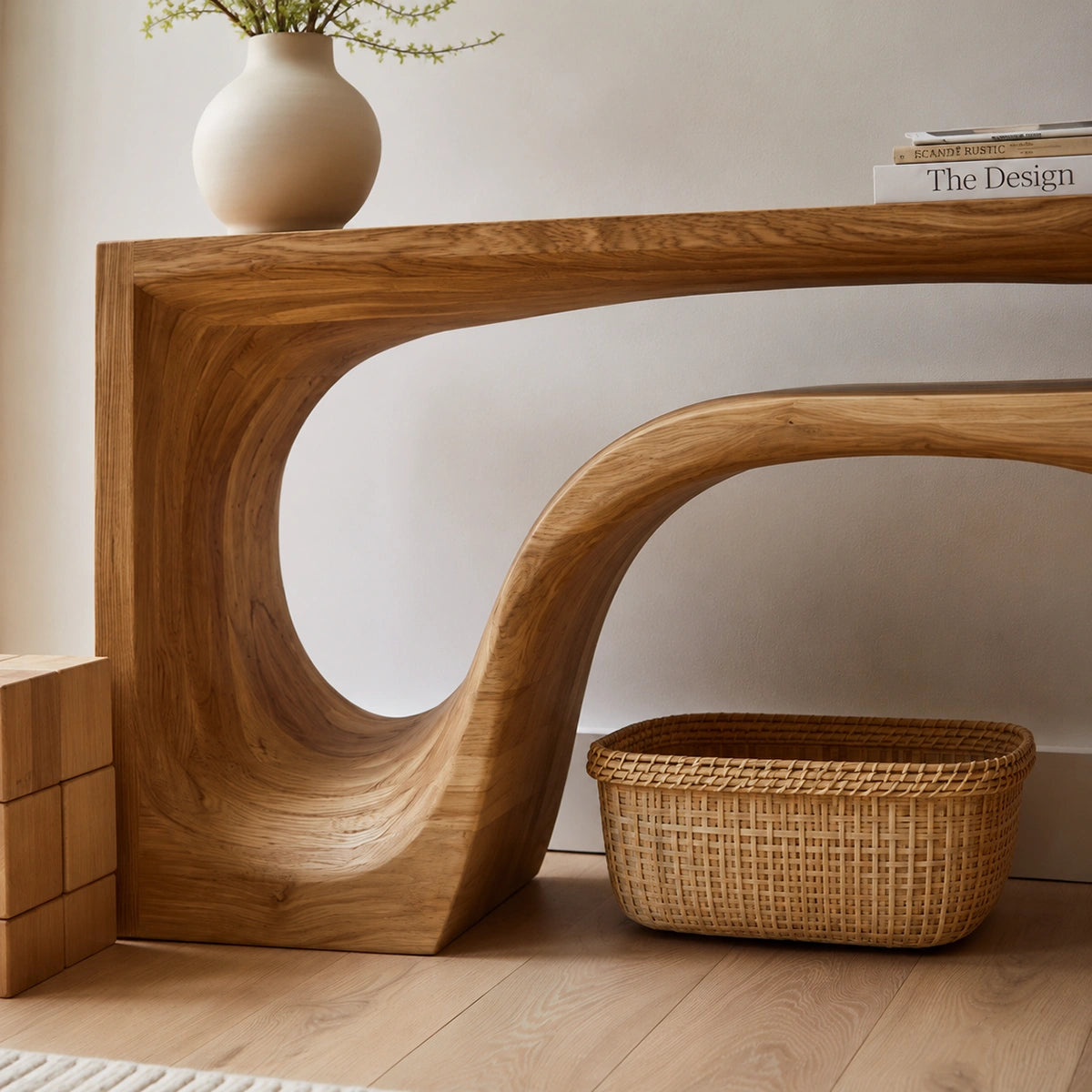 Flow Arch Natural Solid Wood Console Table with Open Storage Shelf