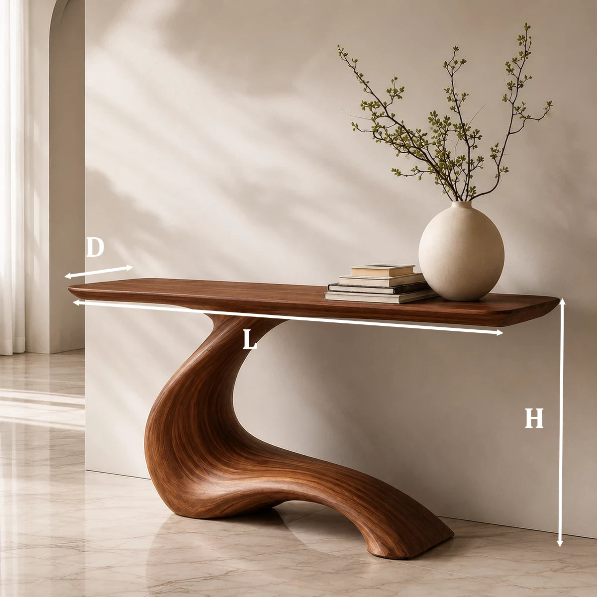 Sculptural Console Table with Flowing Pedestal Base in Natural Solid Wood