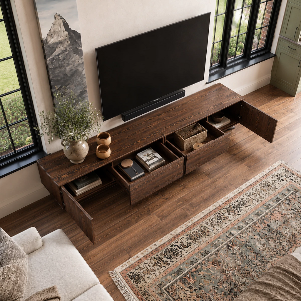 Natural Solid Wood TV Stand with Four Cabinets and Sculptural Crossed Base