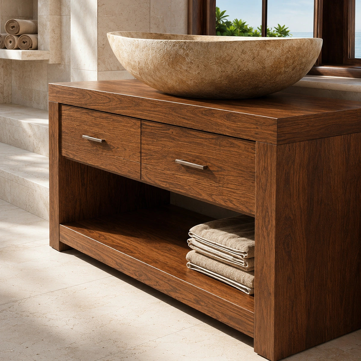 Natural Solid Wood Bathroom Vanity with 2 Drawers and Open Shelf