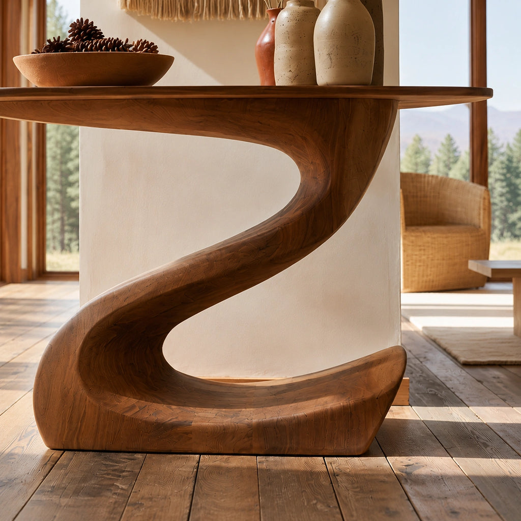 Sculptural Natural Solid Wood Console Table with Flowing S Curve Base