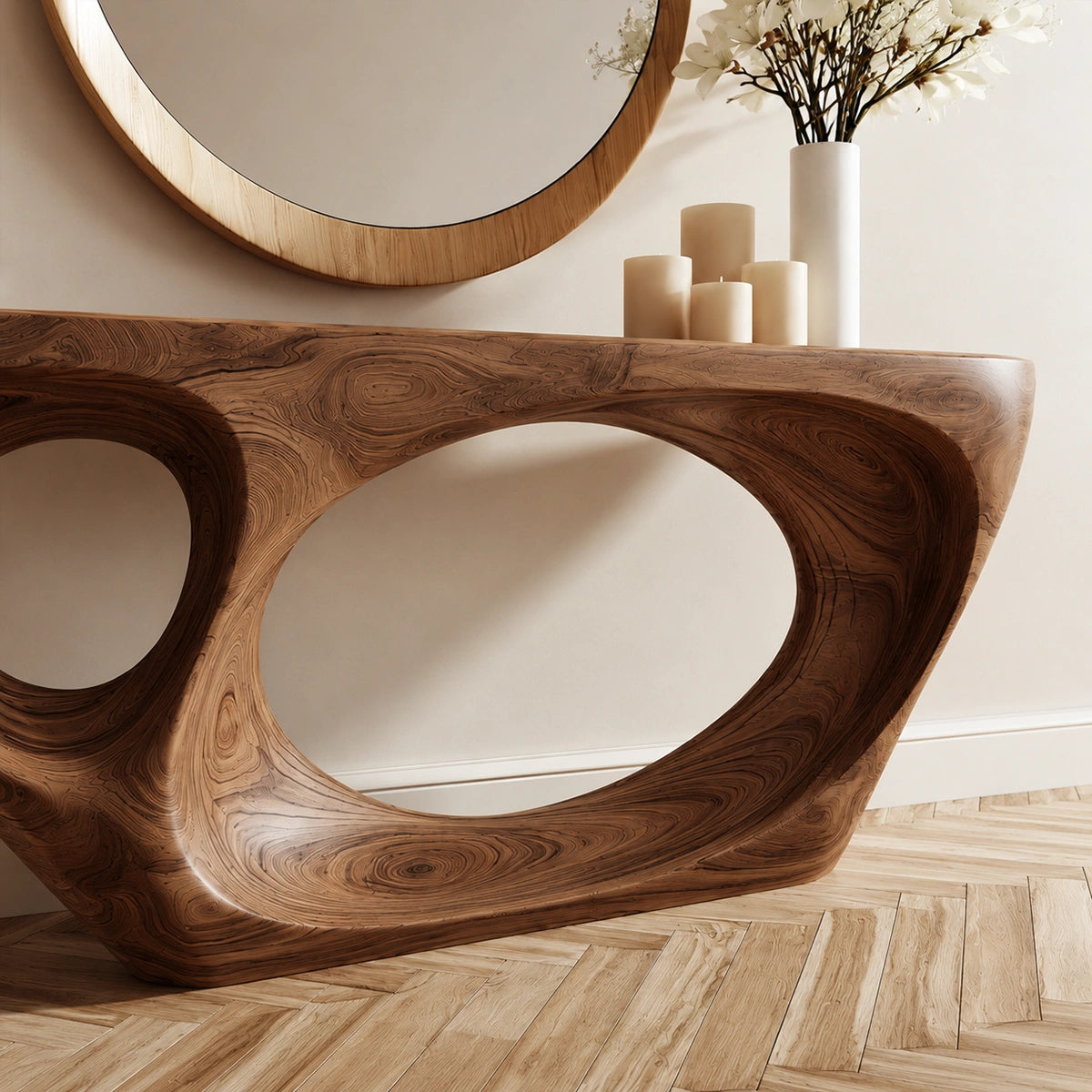 Organic Void Natural Solid Wood Console Table with Sculptural Open Base