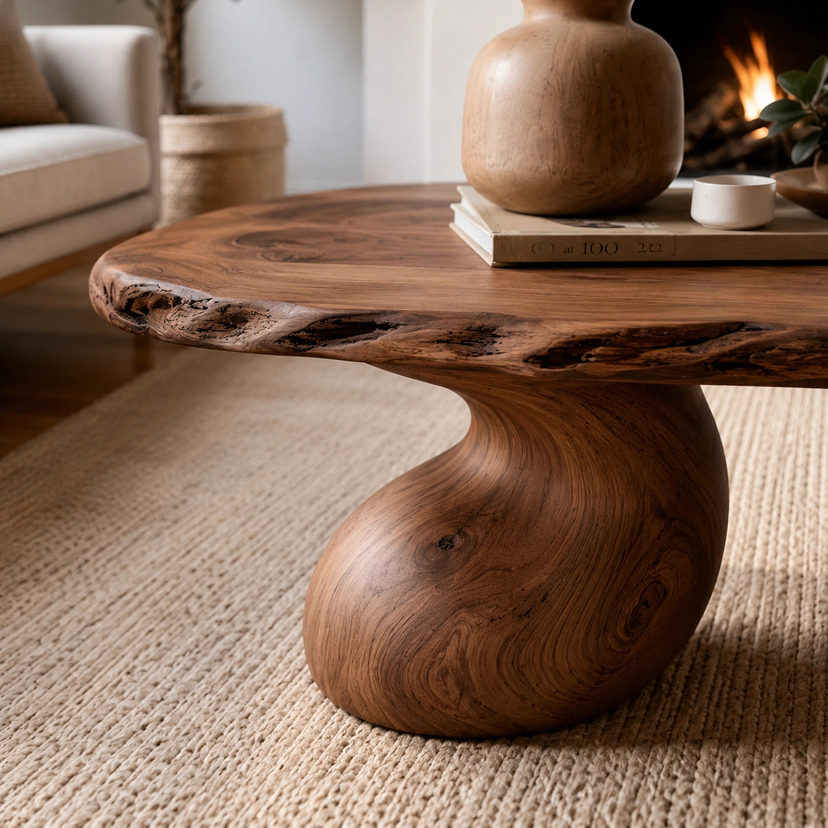 Natural Solid Wood Live Edge Coffee Table with Sculptural Curved Pedestal Legs