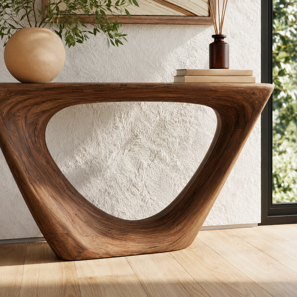 Sculptural Natural Solid Wood Console Table with Open Geometric Base
